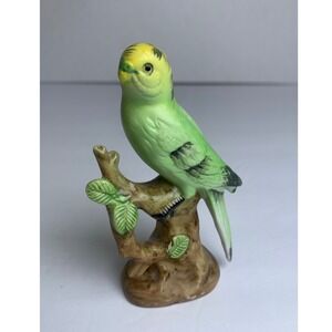 Vintage Porcelain Parakeet Figurine Green Yellow Budgie Kitsch Cottagecore
